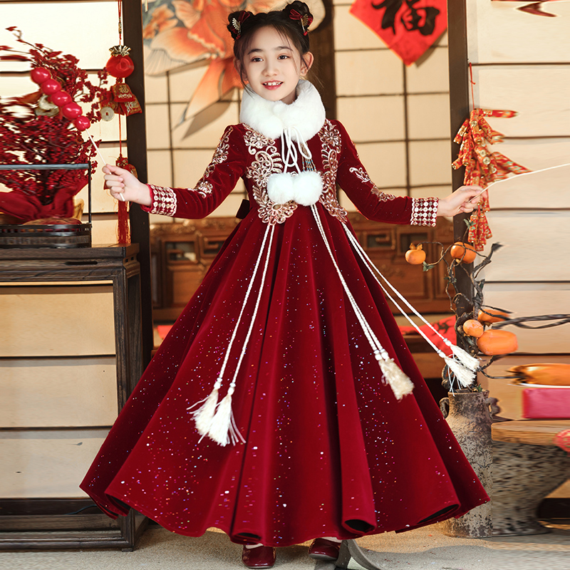 女童汉服加绒加厚中国风拜年服古风儿童礼服红色雪尼尔长袖表演服