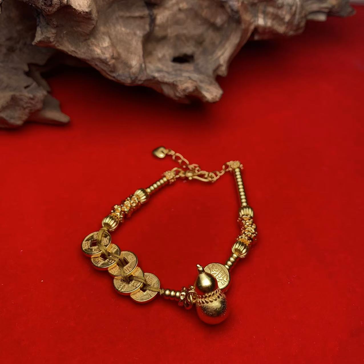 24K PICW工艺 约13g 五帝钱葫芦手链 里外一色  fm/1202