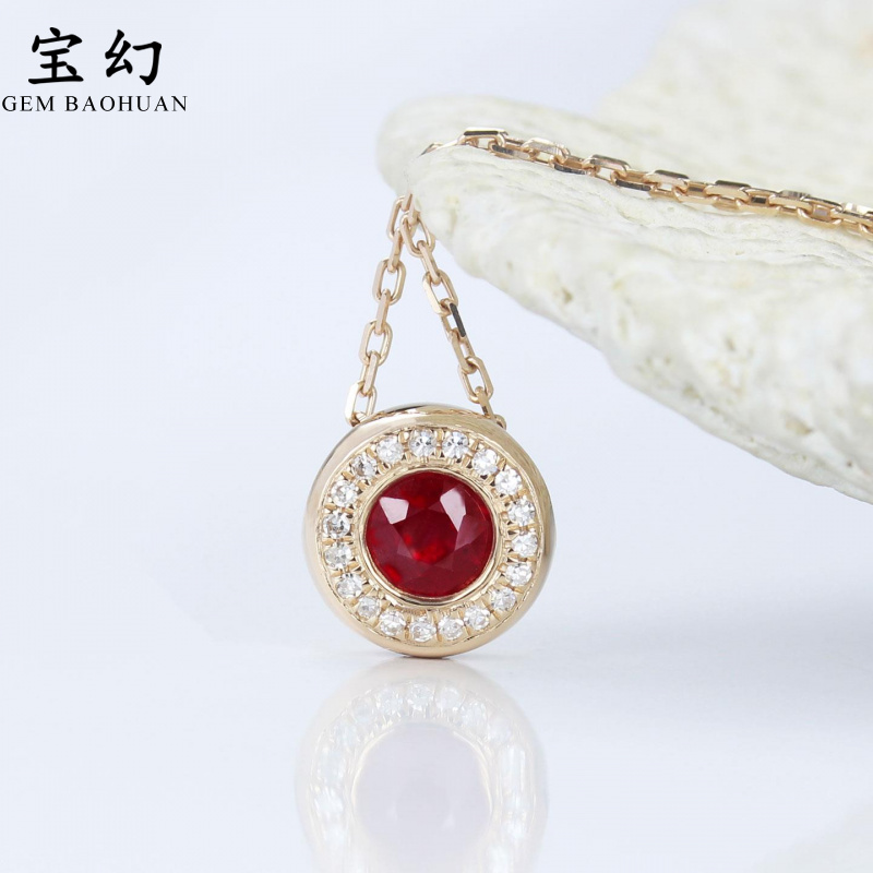 18K玫瑰金天然鸽血红宝石泡泡吊坠 甜甜圈钻石项链女款朱砂痣正品