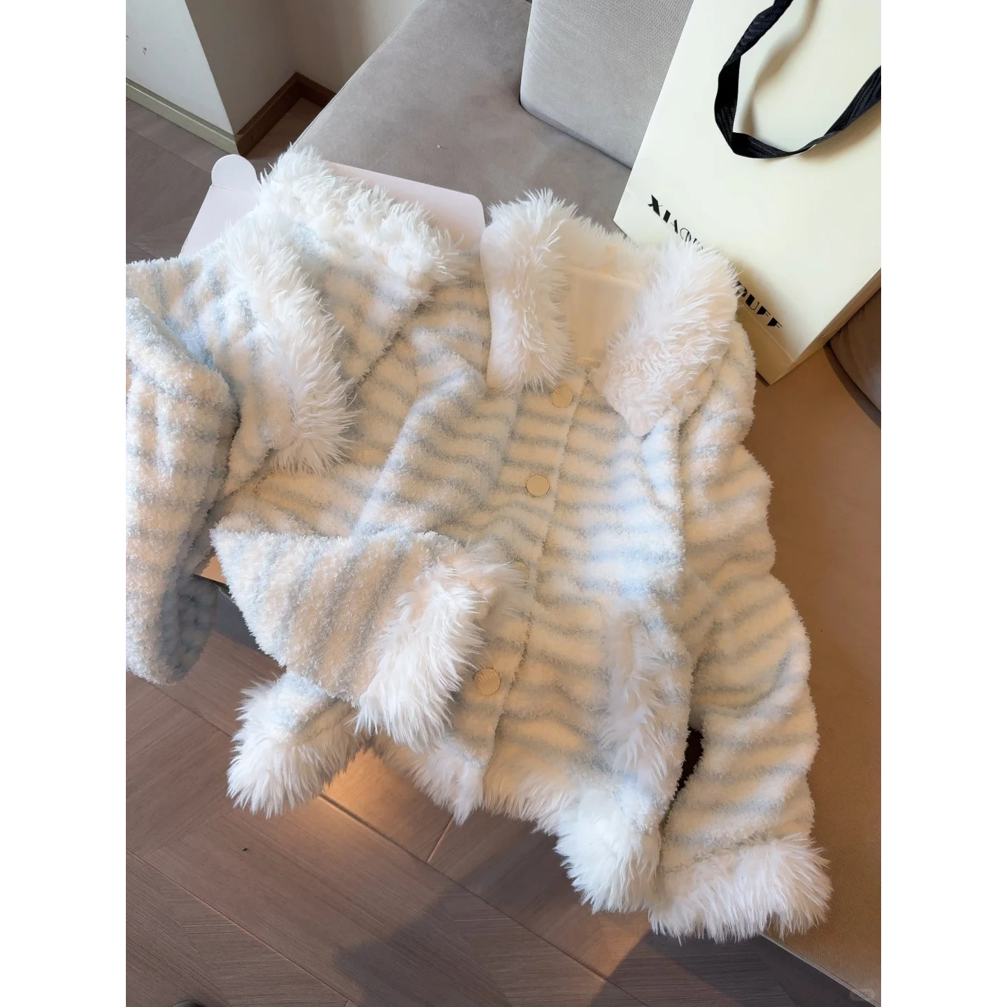 韩系毛绒绒蓝色条纹珊瑚绒睡衣女冬季新款加绒加厚保暖家居服套装