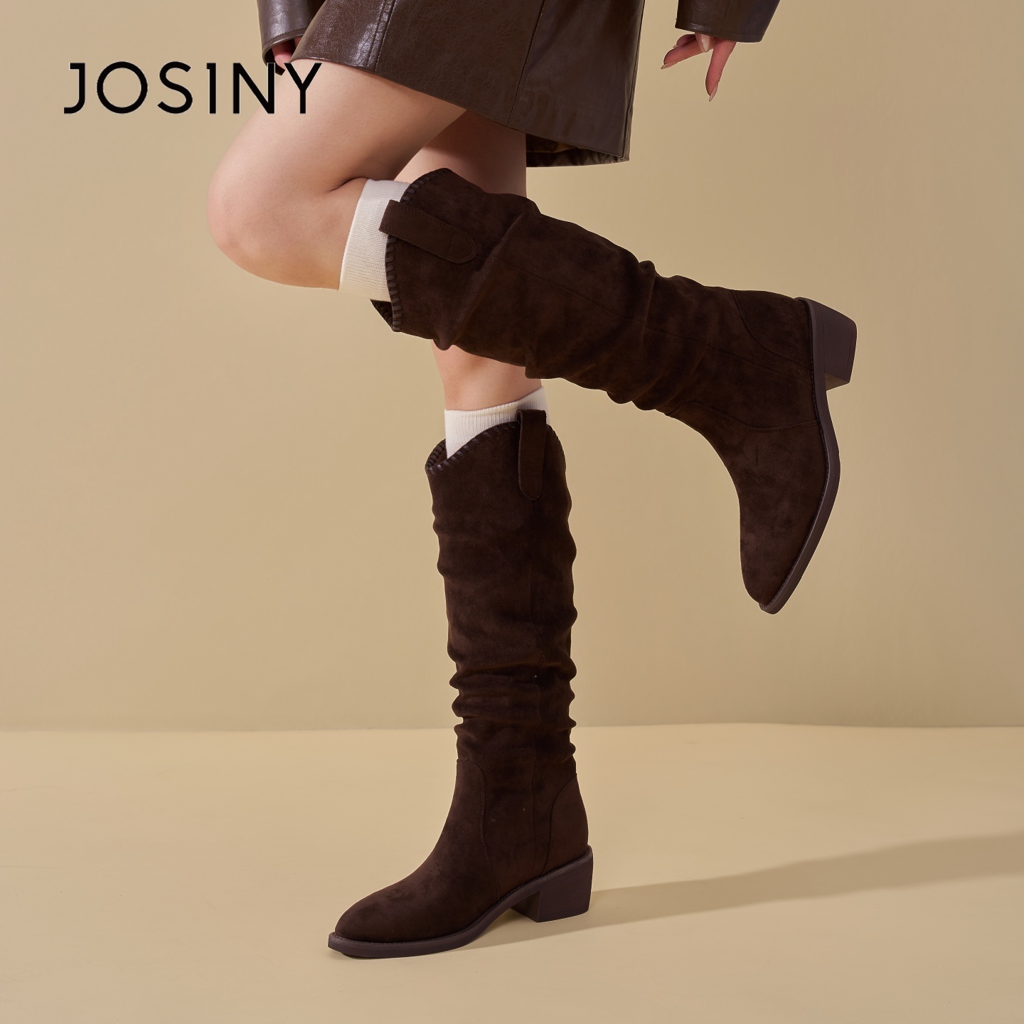 卓诗尼勃肯堆堆靴女粗跟长靴子2025冬季新款骑士褶皱翻毛皮长筒靴