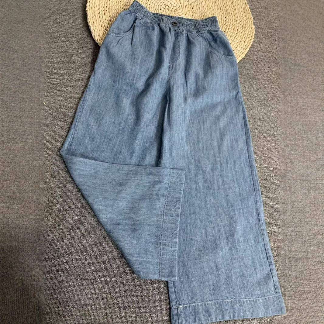 女生夏季透气舒适长裤新款浅蓝色阔腿裤柔软麻质直筒牛仔色长裤