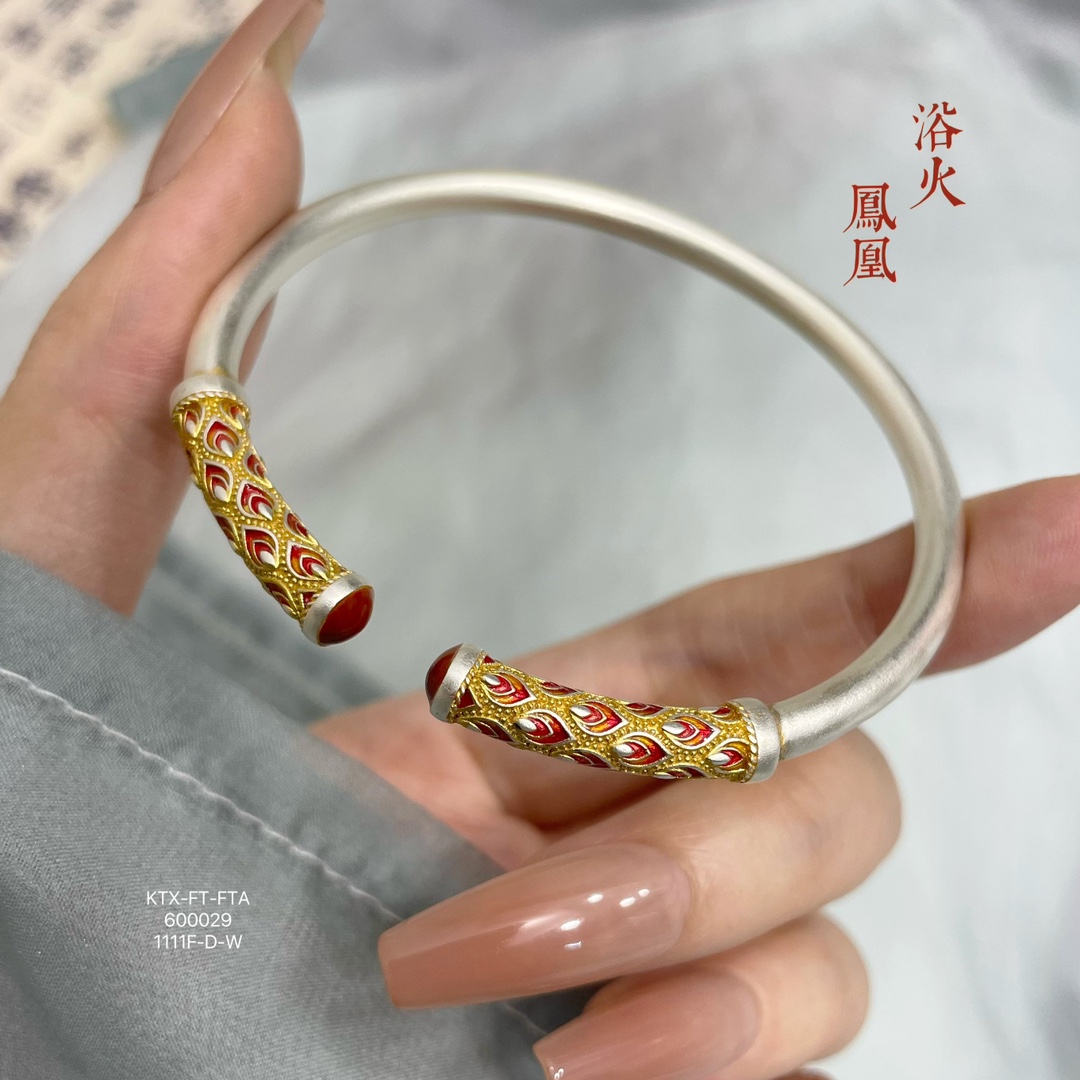 足银手镯 足银999.9凤凰翎羽民族时尚开口足银手镯新中式百搭