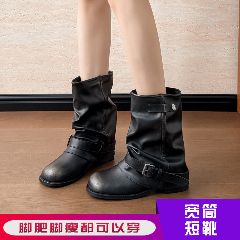 时装靴子~内增高西部牛仔堆堆靴子女2025秋季皱褶裤管短靴复古靴