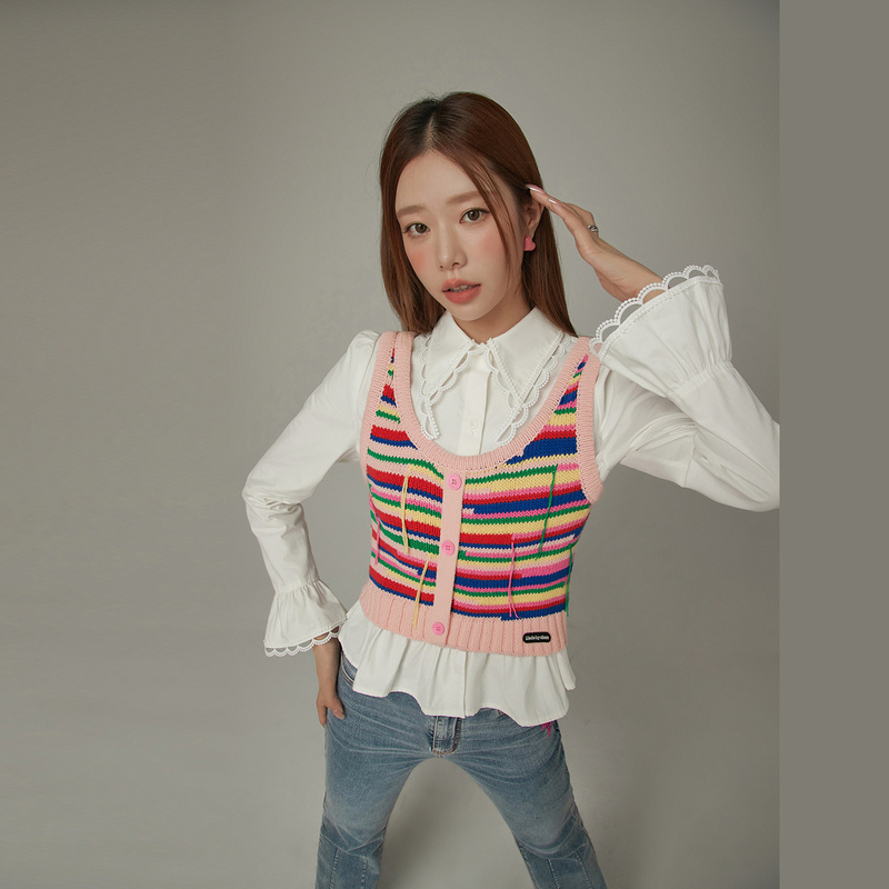026J【云C专属】CHUU彩虹条无袖背心撞色甜辣风针织衫-F
