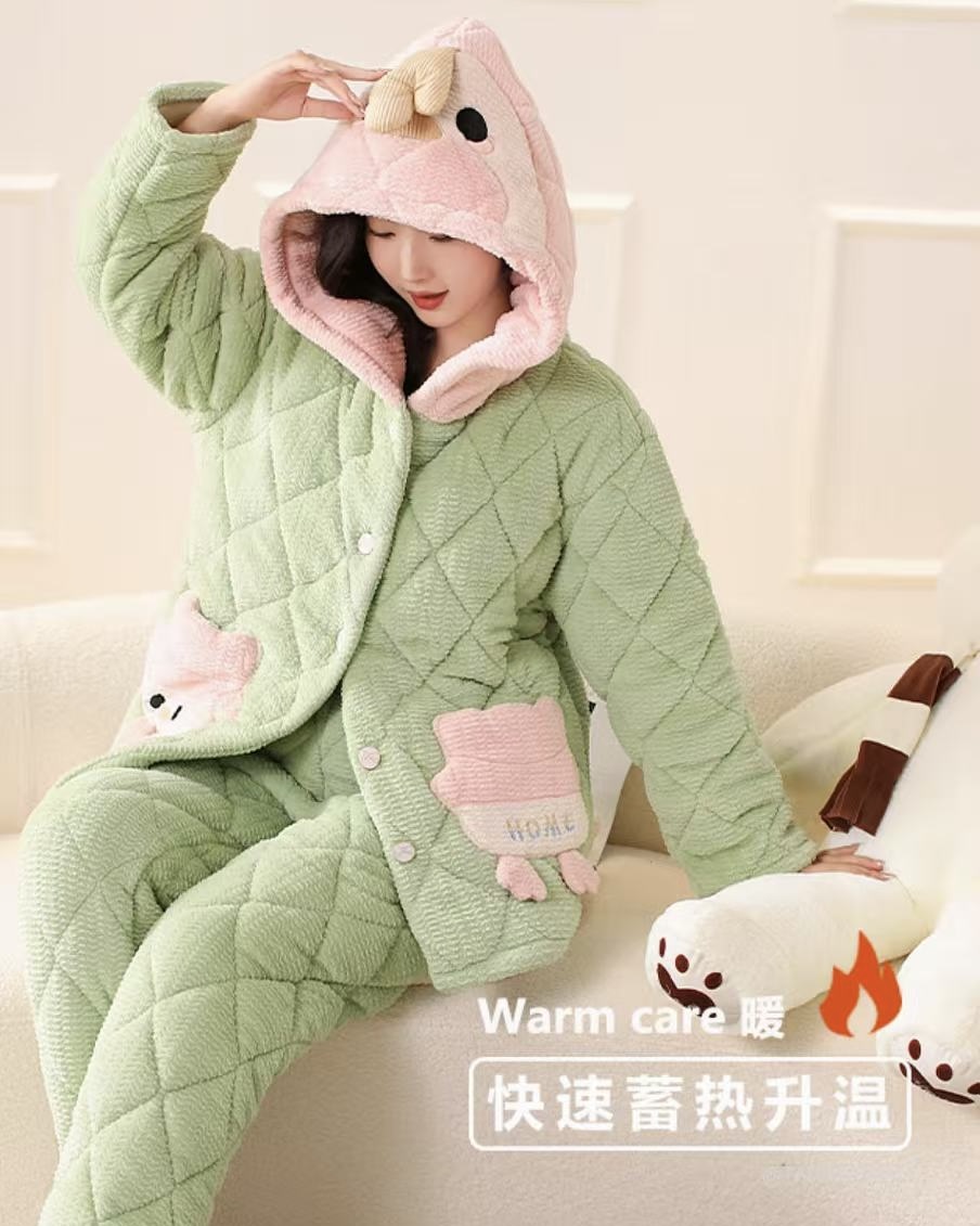 【0293】家居服女士套装冬天加厚外穿中长款毛绒卡通家居服睡衣