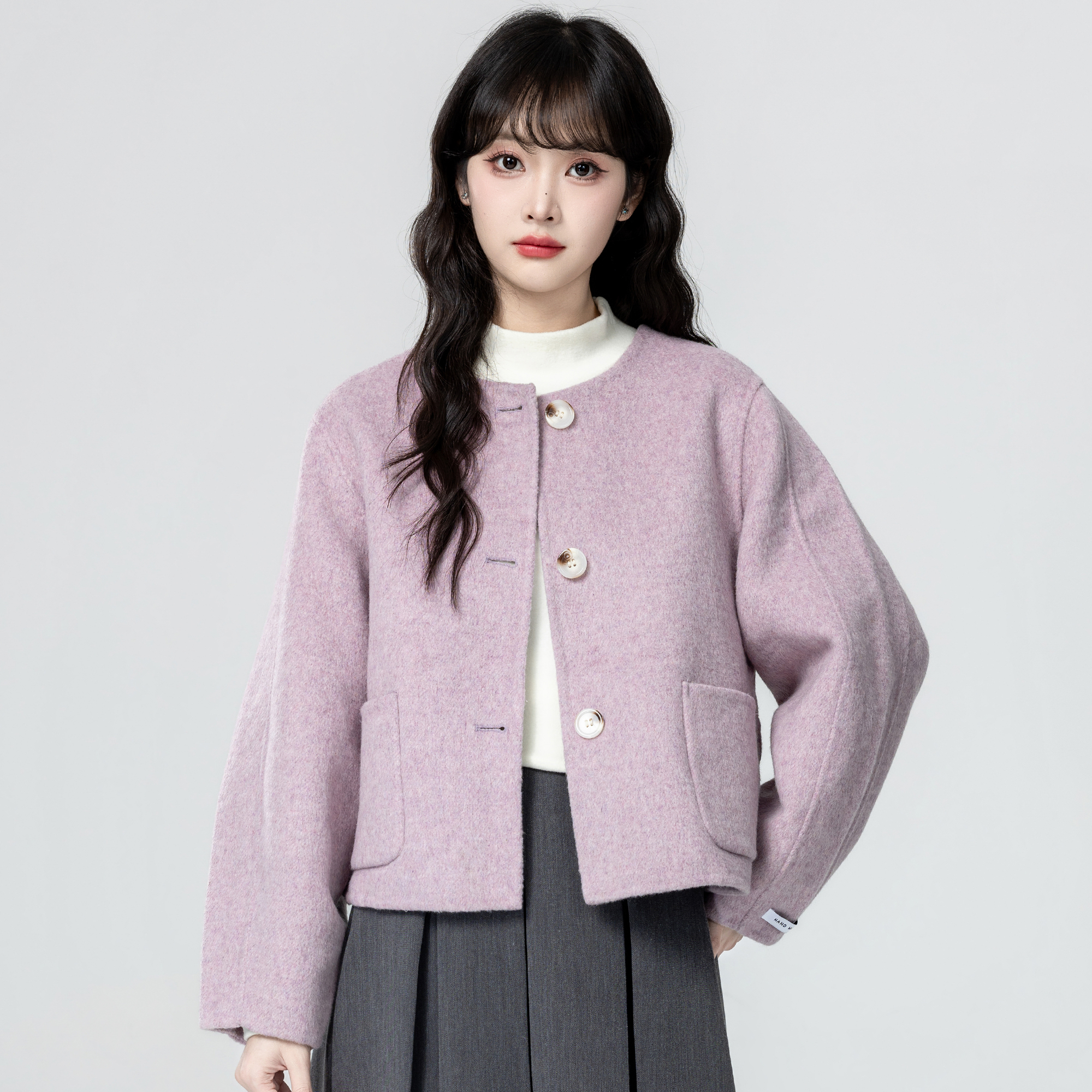 紫色圆领毛呢外套女春秋2025秋季新款宽松小香风呢子开衫短款上衣