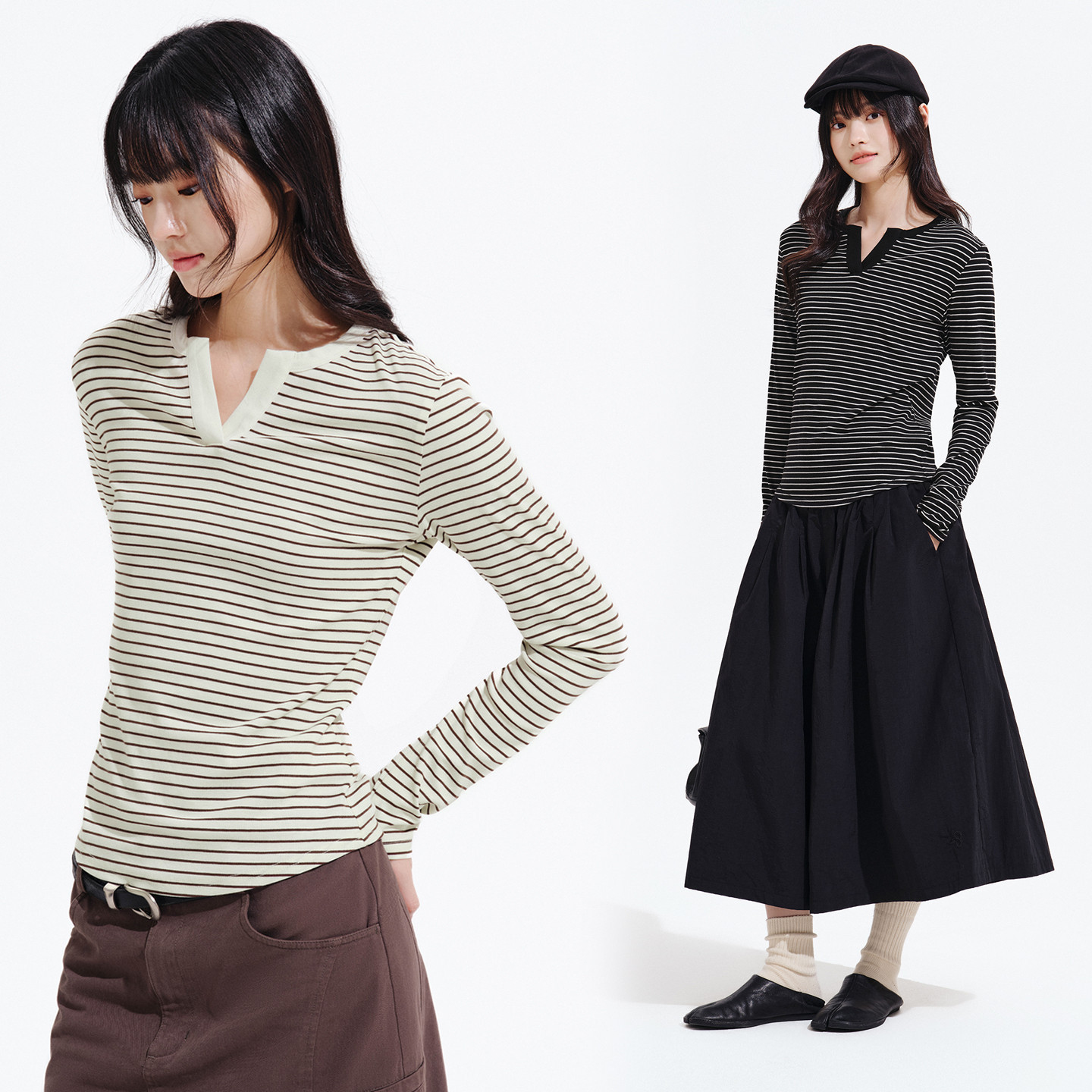 PSO Brand 女装26年春季韩系V领修身撞色条纹针织长袖T恤NTX046