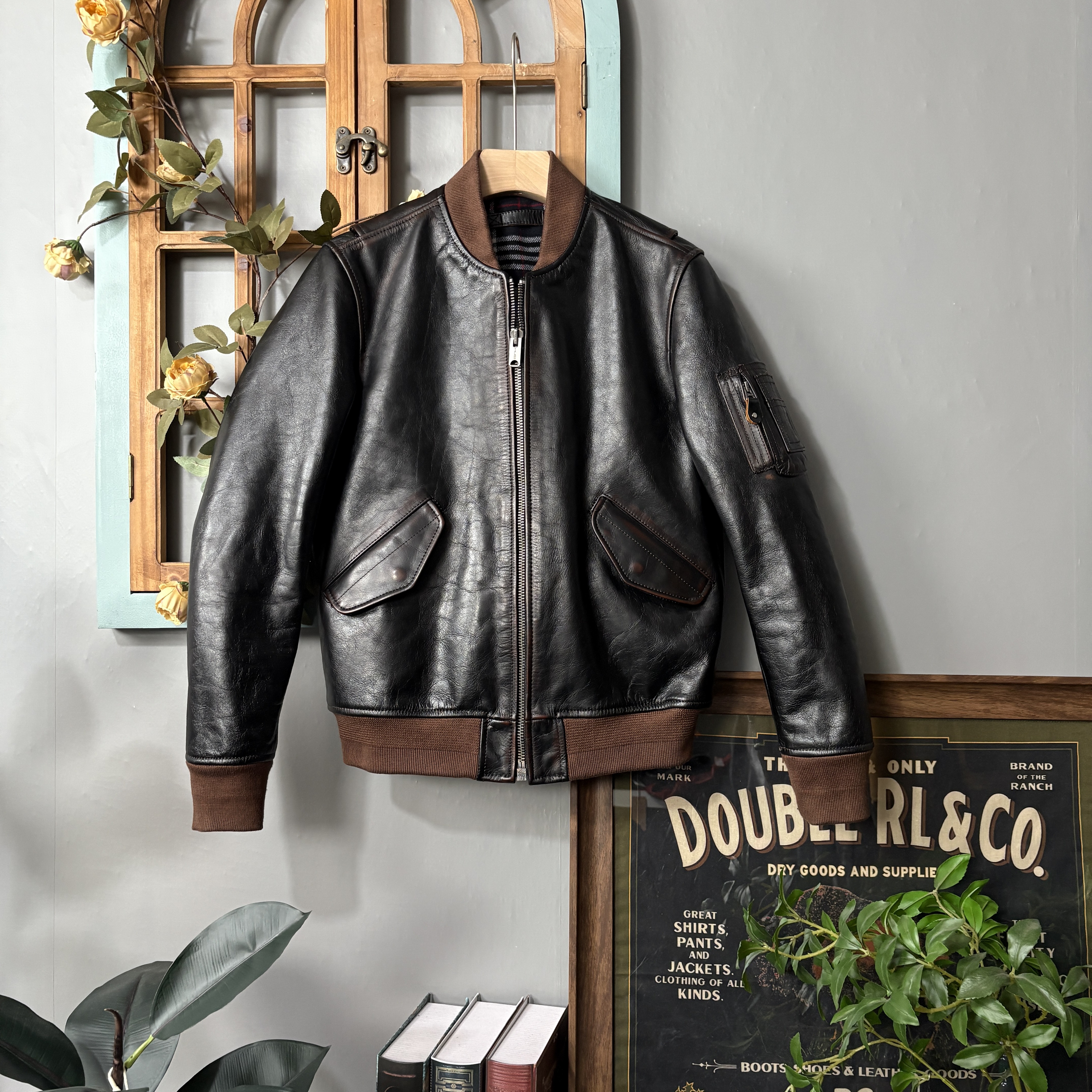 不是马皮！重水洗做旧植鞣茶心牛皮MA-1短款棒球服男士夹克