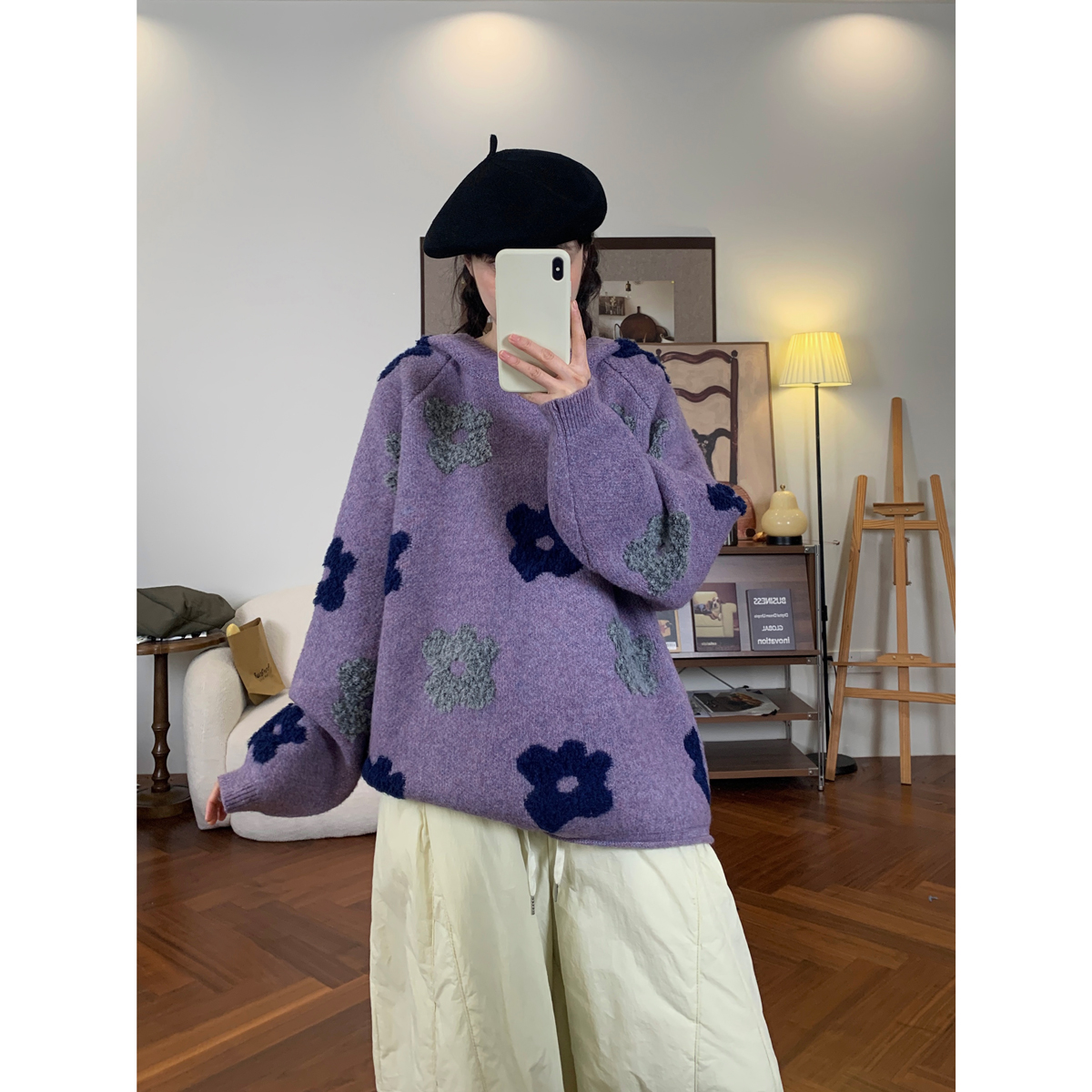 复古花朵毛巾绣加厚连帽毛衣女韩版秋冬新款宽松百搭针织衫套头潮