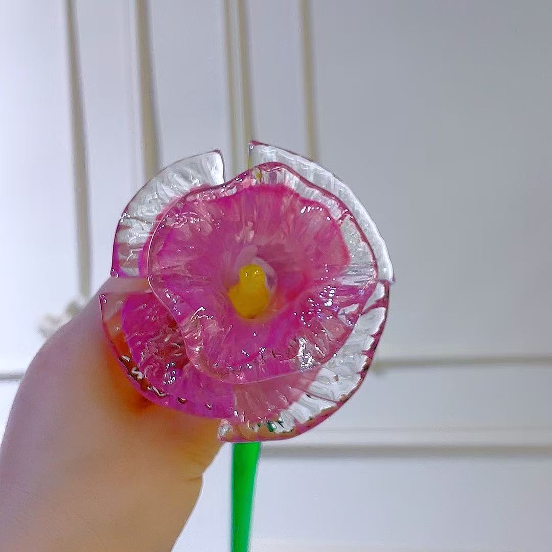 透粉色双层黄花蕊玫瑰花手工琉璃摆件