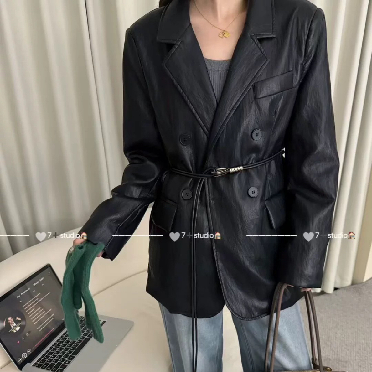西装领收腰荔枝纹活性蛋白皮衣女欧洲站2025春季新款韩版复古外套