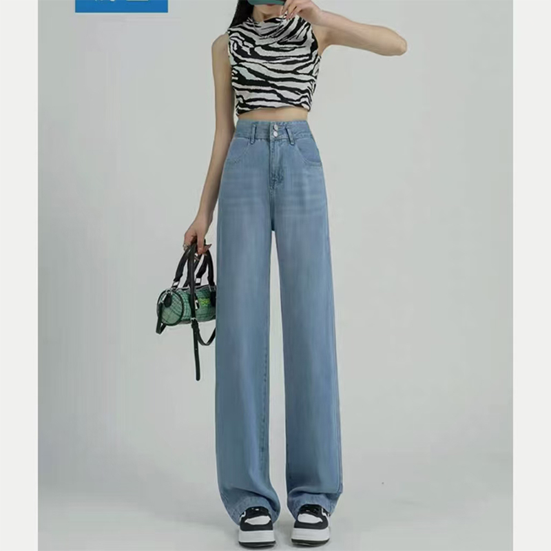 （女装）1166 蓝色双扣高腰薄款垂感宽松显瘦直筒牛仔裤裤