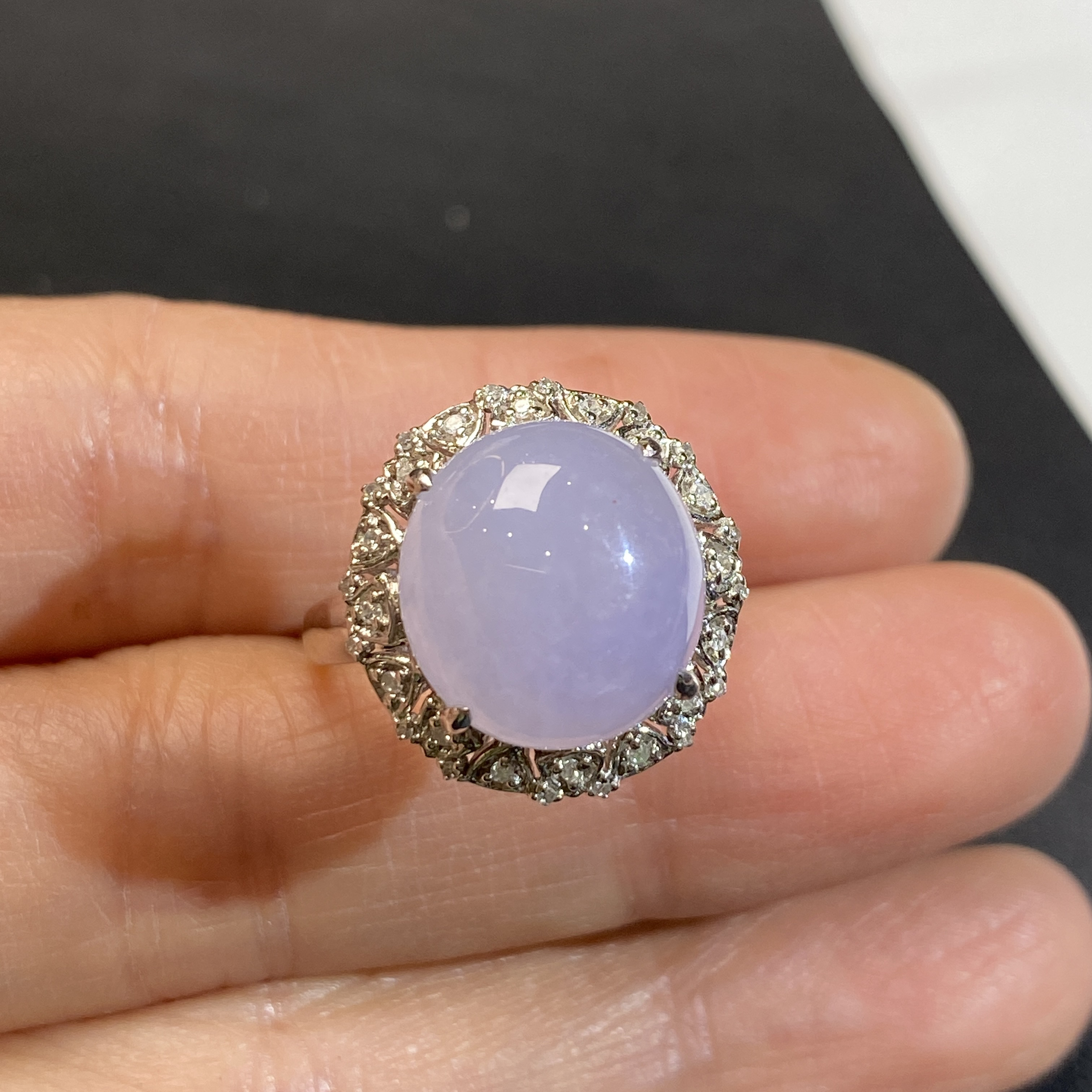 18k镶钻冰浅紫翡翠戒指 圈口14 种老色好 冰透水润 上手大气