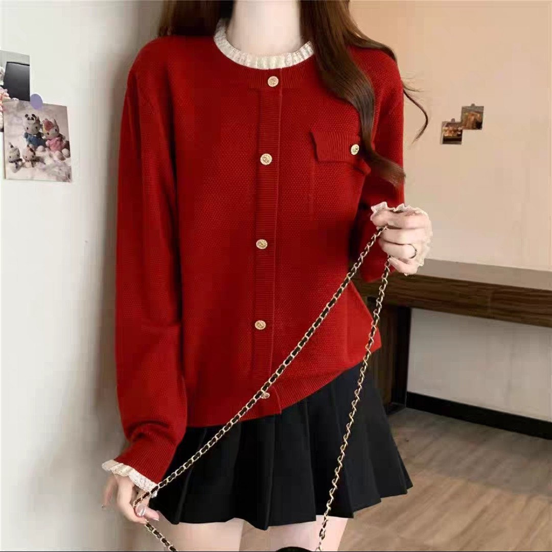 5230小香风蕾丝拼接红色女2025秋冬新款时尚百搭短款针织开衫