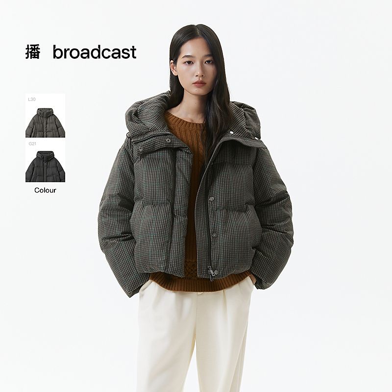 【达人专属】播25年新品加厚细格纹连帽羽绒服短款DDS4RD5230