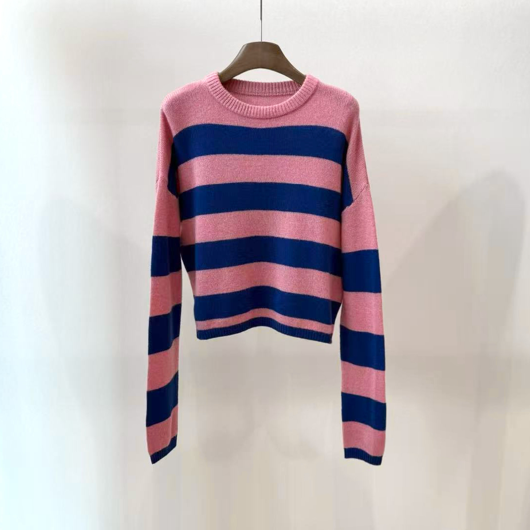 保暖圆领条纹毛衣时尚套头百搭气质条纹长袖针织衫b706