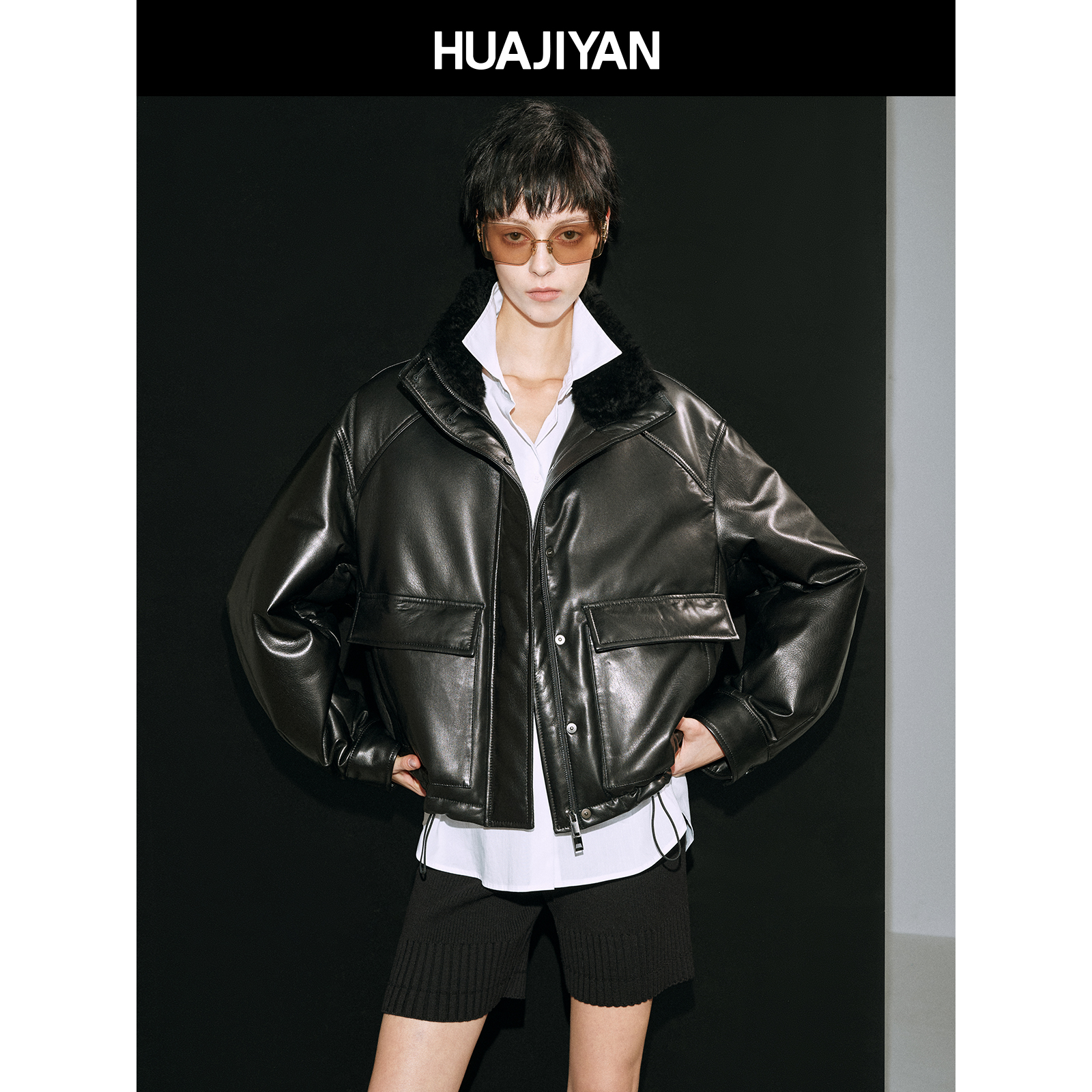 华吉言/HUAJIYAN【曼彻斯特】羊皮面进口拉贡泰迪毛领90鹅绒服