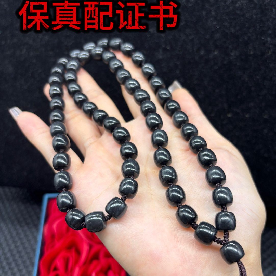 高端天然新疆和田玉聚墨青花桶珠8mm玉石挂绳珠链项链长链百搭款