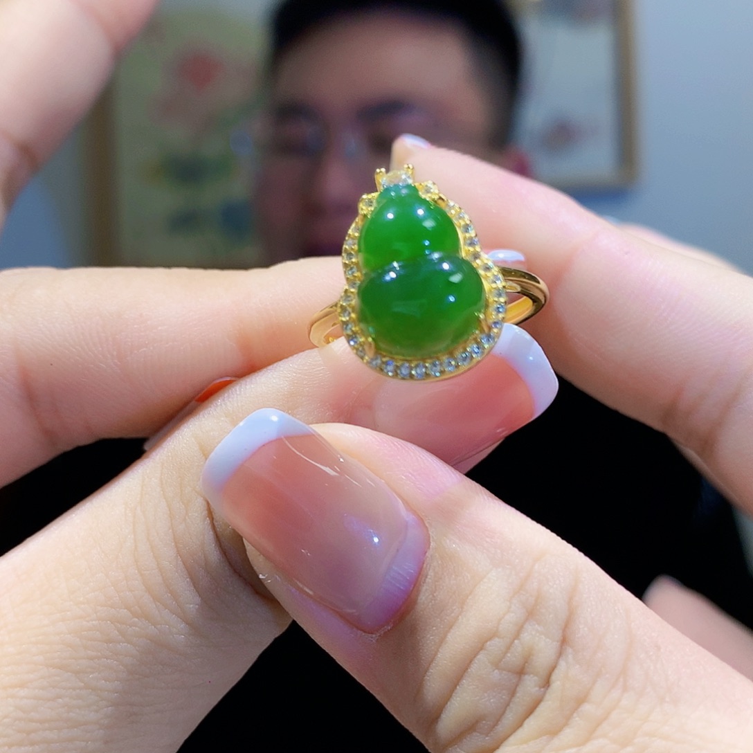 和田玉（碧玉）戒指银S925镀金镶嵌