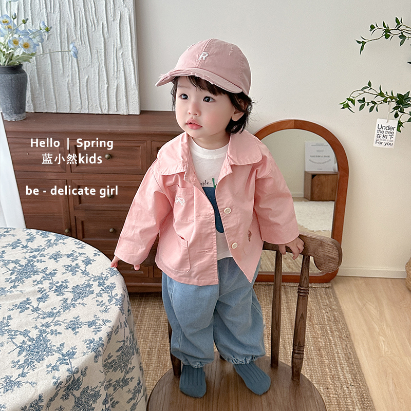 K25C36儿童女宝宝韩版洋气百搭春秋季娃娃领刺绣小熊衬衫休闲外套