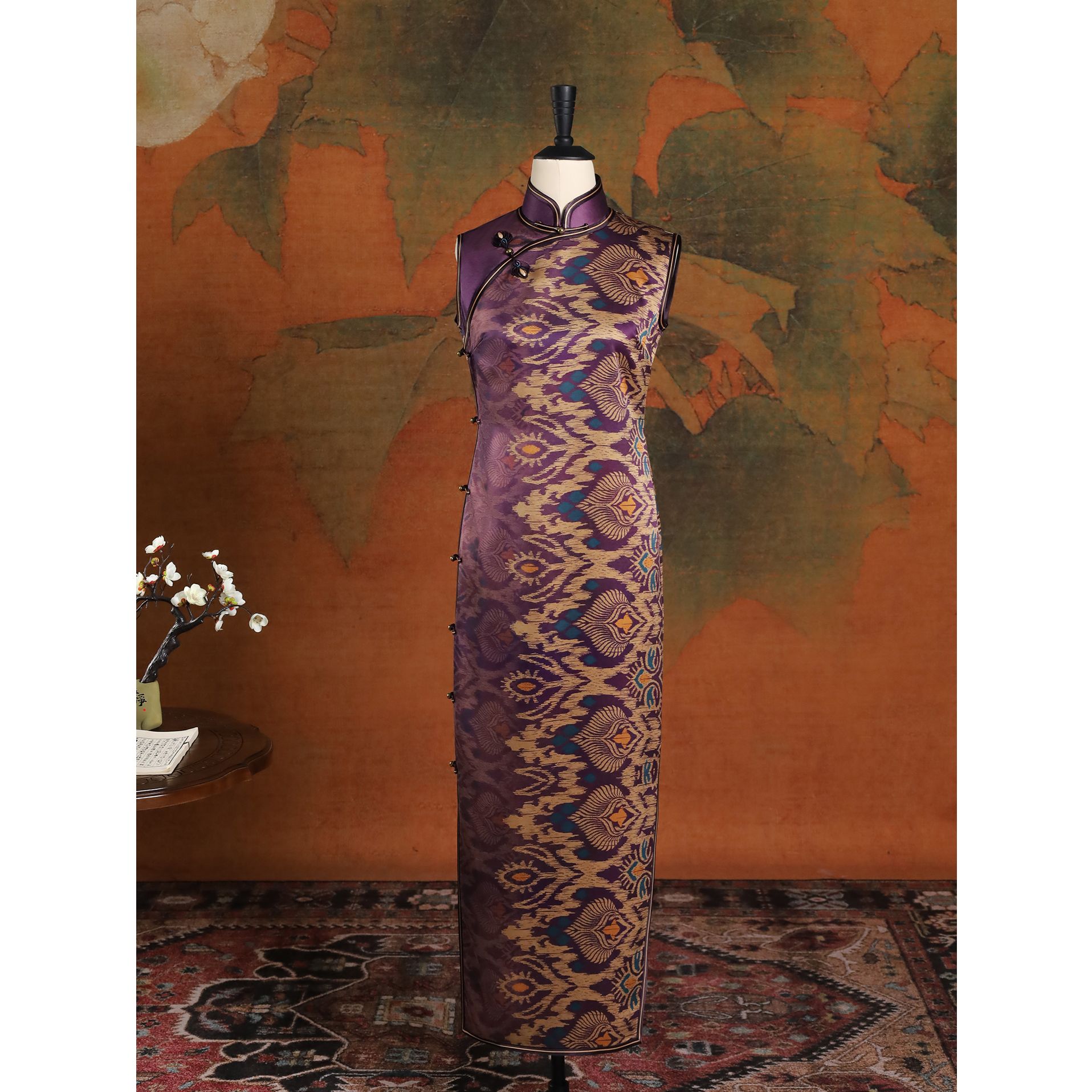 女神姑娘新品[紫古兰朵]皮子香云纱手工开襟古法旗袍N50923-5-60