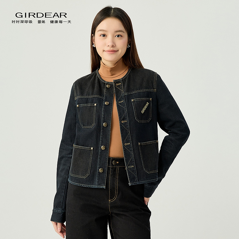 哥弟品质女装新款时尚精致百搭圆领拼接四口袋设计牛仔外套140008