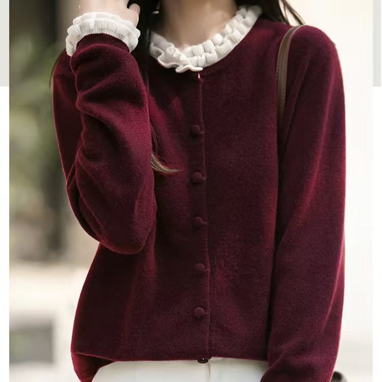 正品撤柜羊毛衫法式木耳花边针织开衫秋冬新款气质减龄外套上衣