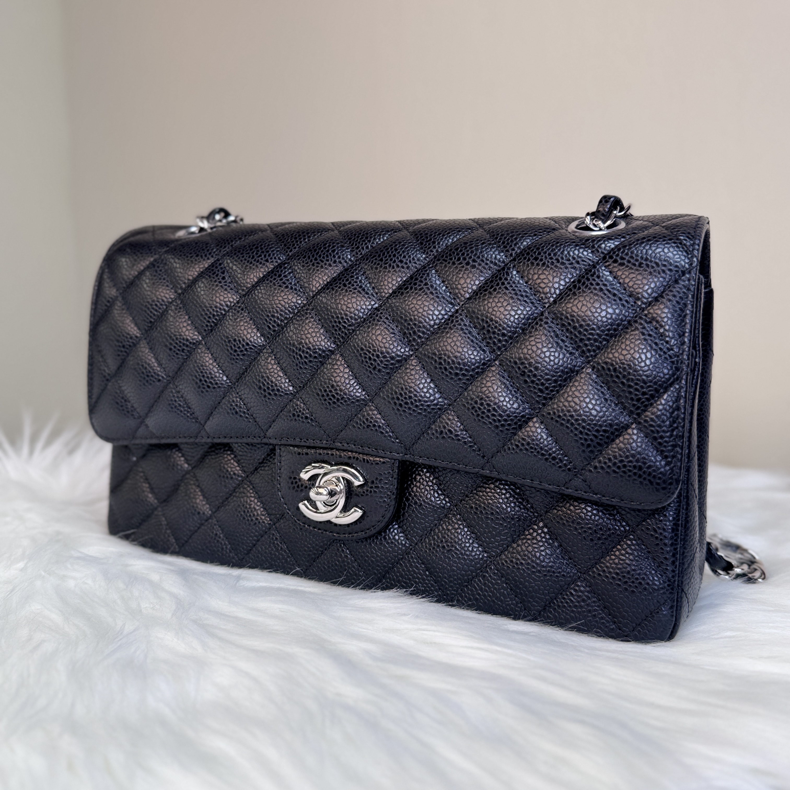 未使用 Chanel/香奈儿 闲置新 CF 黑银 荔枝牛皮 中号 24开 带卡 