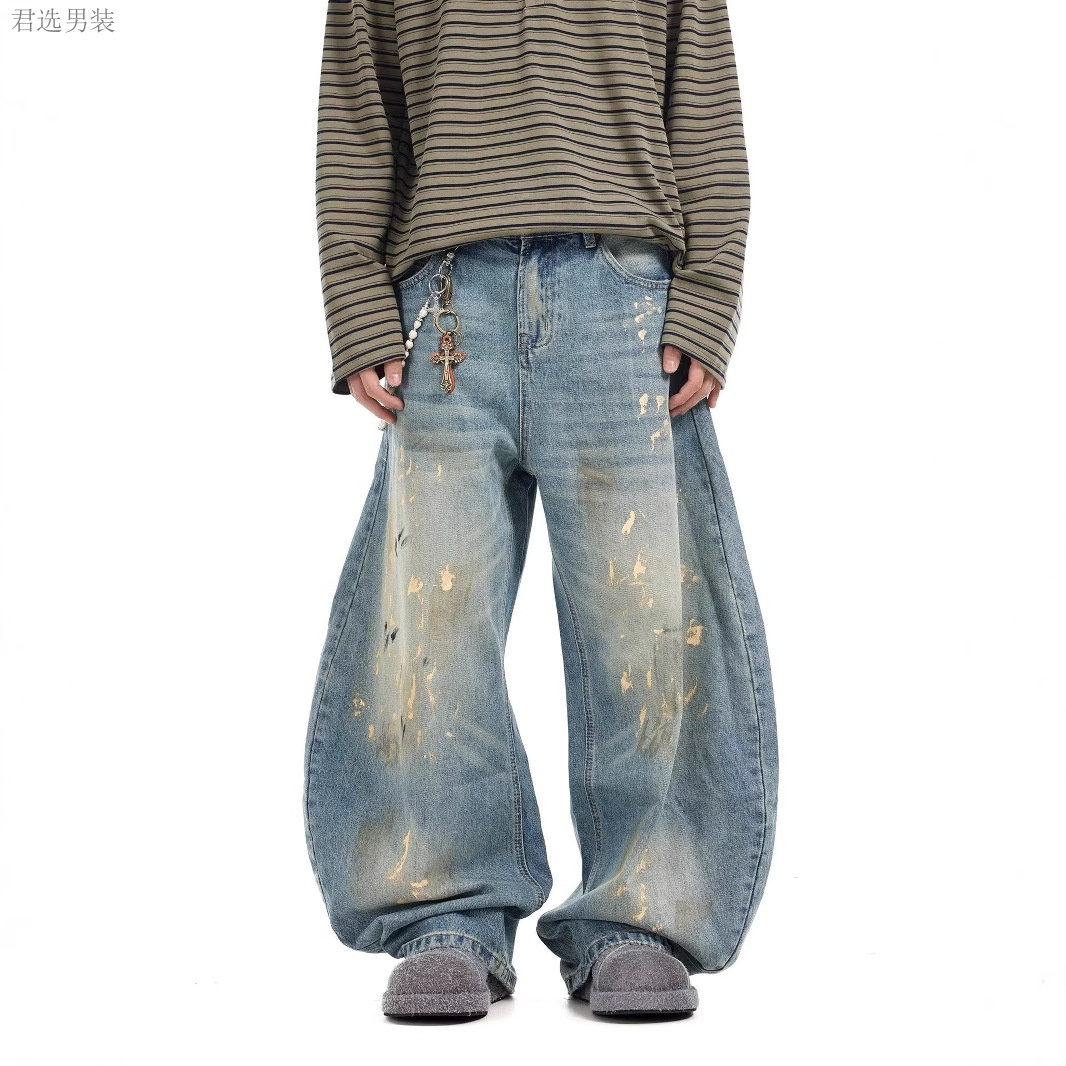 辣到中暑美式复古泼墨脏染弯刀牛仔裤宽松阔腿做旧水洗休闲裤