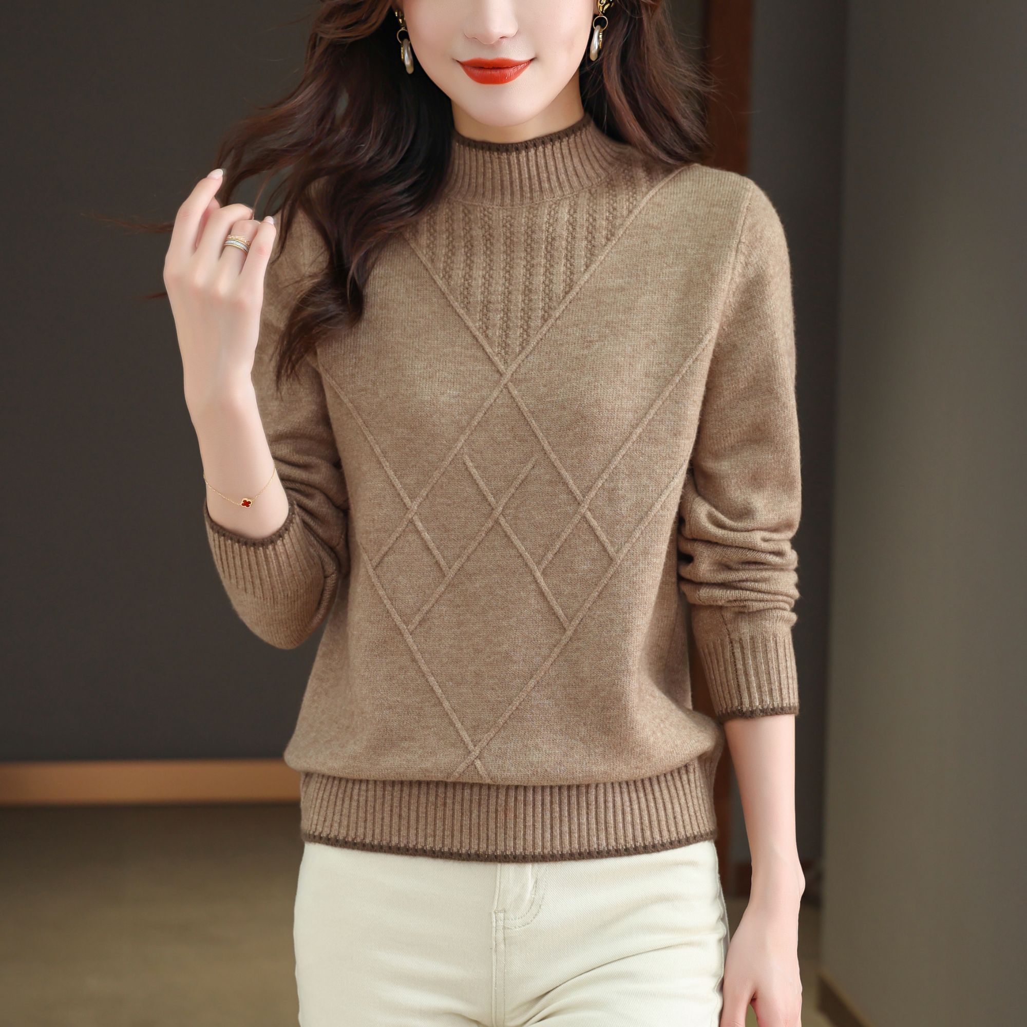 【羊毛衫】洋气百搭半高领冬季女纯色长袖毛衣宽松时尚加厚套头上衣