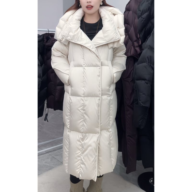 2025新款连帽长款棉服女鹅绒保暖极简过膝外套高级感宽松显瘦加厚