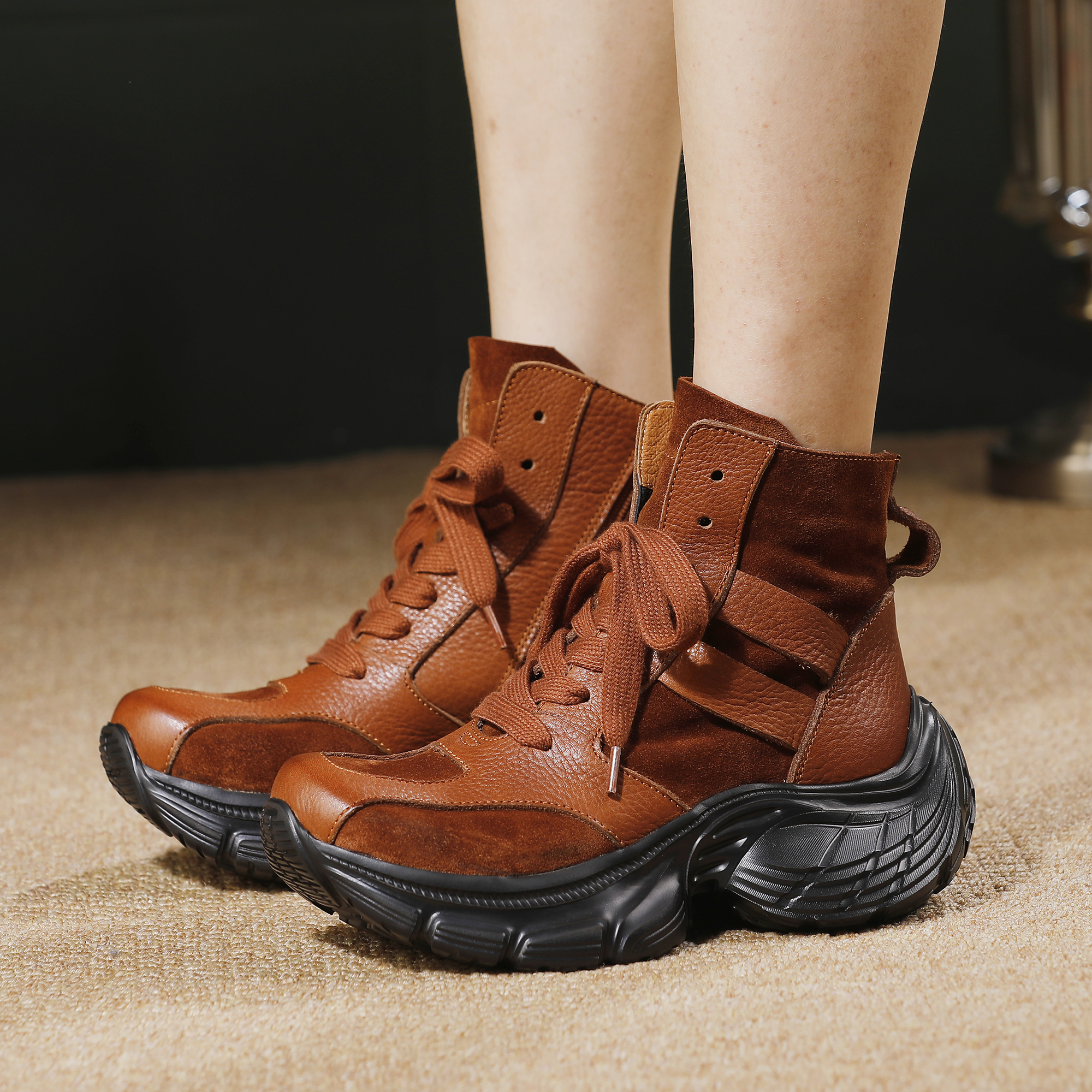 谜丫蜜原创牛皮厚底运动靴女2025年秋冬新款复古手工软皮舒适靴子