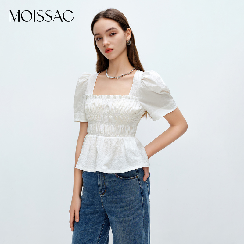 【粉丝专享】MOISSAC夏方领泡泡袖显瘦短款上衣衬衫小衫女