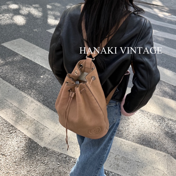 95新 GUCCI/古驰 花绮中古/Gucci奶茶棕秀款狩猎双肩包