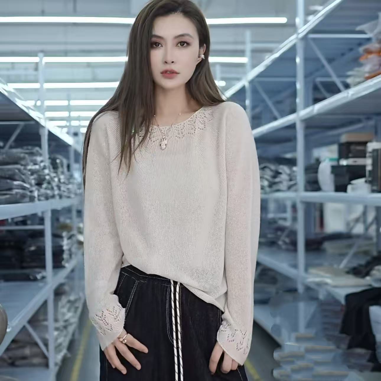 【例畔精选】2025韩版时尚气质圆领边镂空纯色减龄洋气针织衫A834#