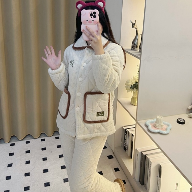 【PIC】冬季加厚三层夹棉睡衣女米白撞色简约刺绣保暖家居服套装