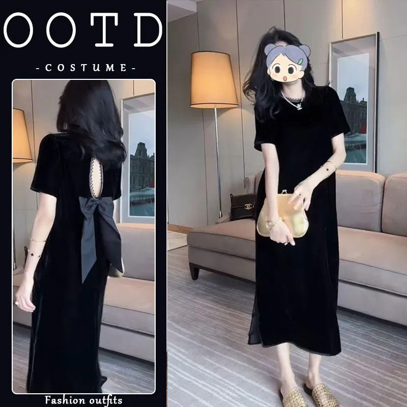 洋气感黑色休闲丝绒小黑裙女气质新款海高干文女主小个子连衣裙