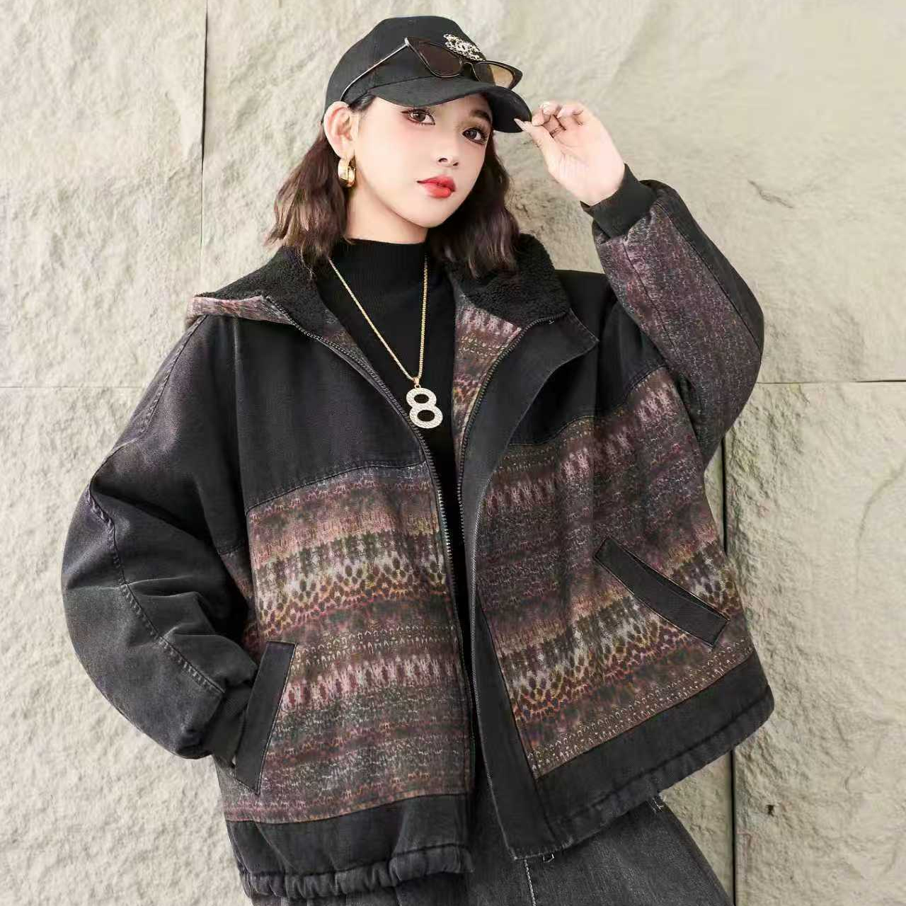 16568新款秋冬加绒加厚简约百搭休闲气质连帽棉衣牛仔棉服