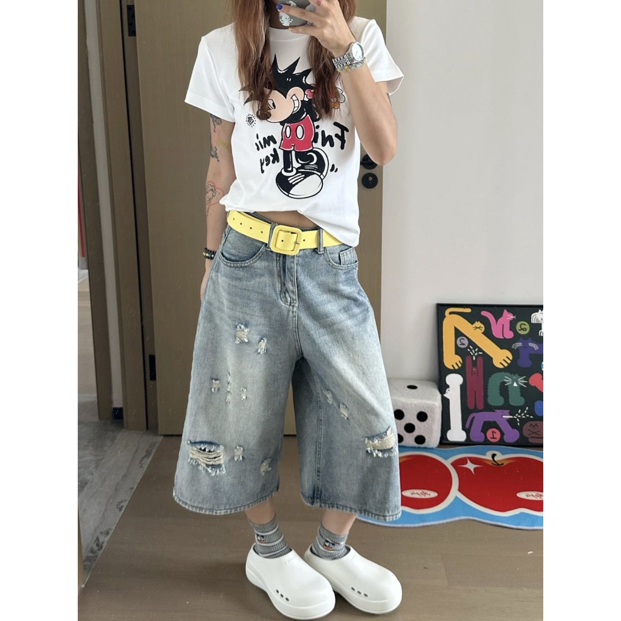 美式复古破洞七分牛仔裤女夏季高腰显瘦八分中裤阔腿六分梧桐短裤