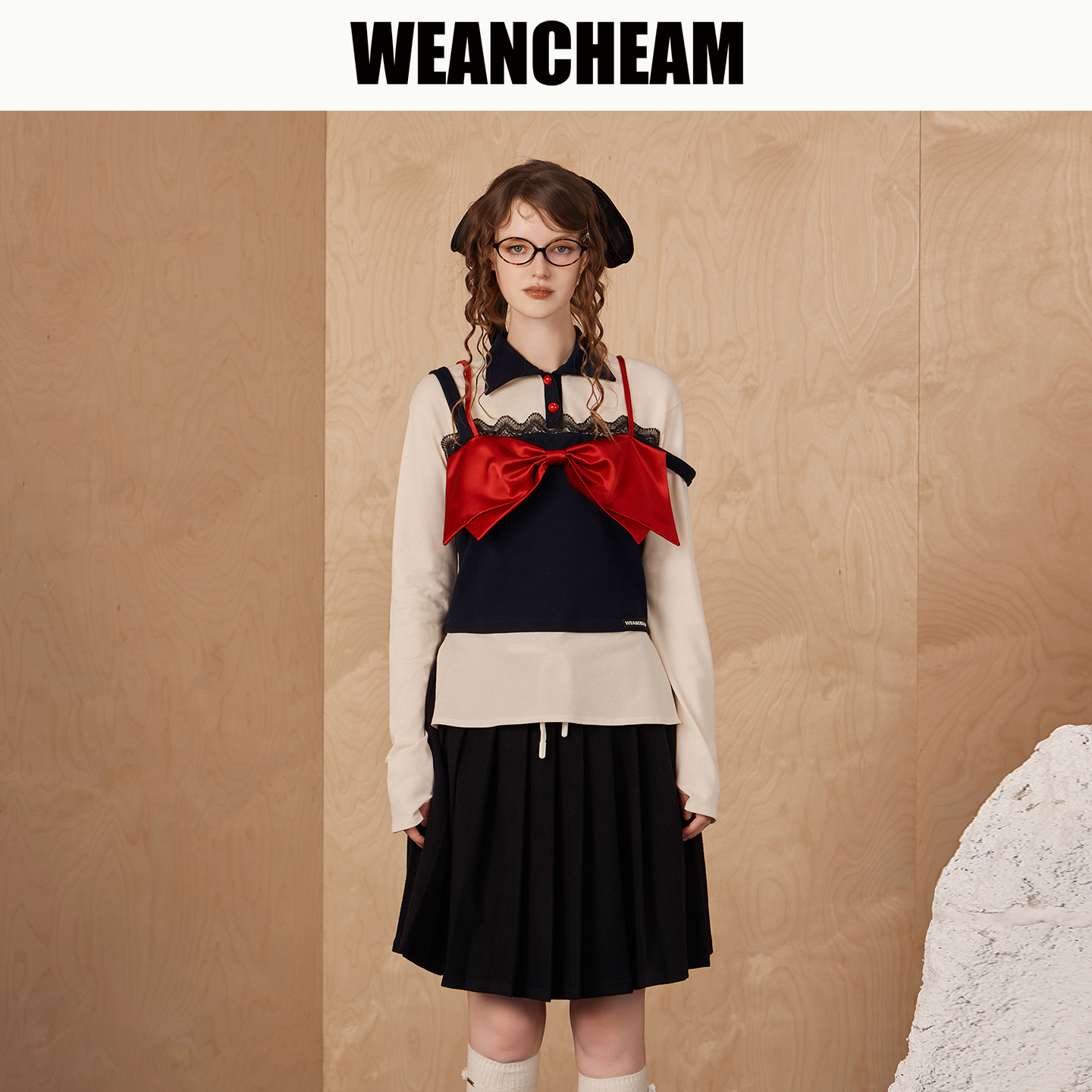 WEANCHEAM未未姆琥珀流光秋冬撞色假两件POLO领修身上衣W16QDT007