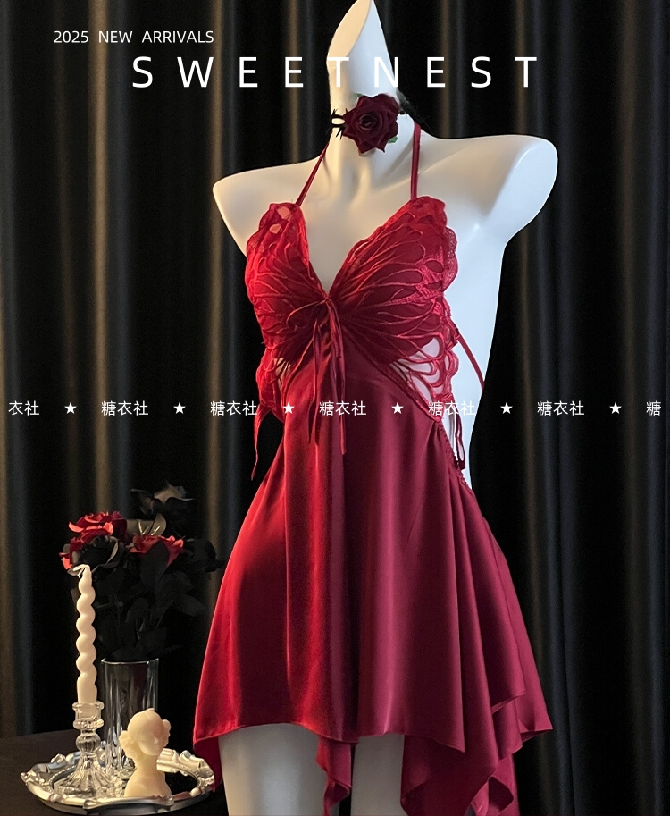 【蝶影幻梦拍一发四80-200斤】纯欲吊带睡裙胸垫性感缎面大码睡衣