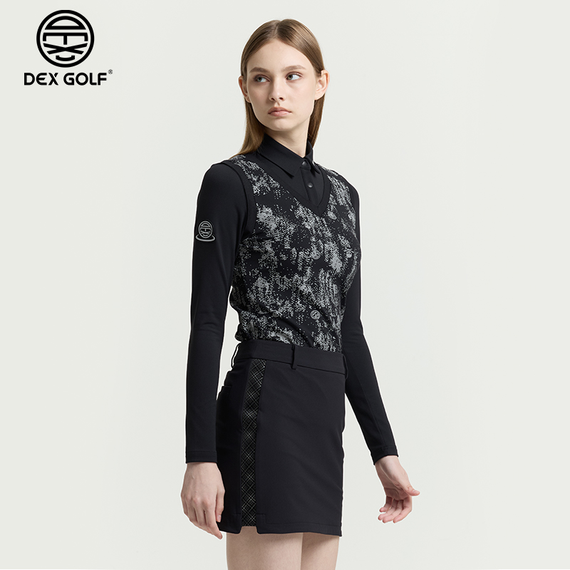 DEXGOLF高尔夫女长袖T恤秋冬3307印花假两件翻领上衣弹力舒适修身