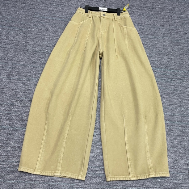 #B5-3980 加绒-厚绒 卡其慵懒风超长大版弯刀气球女裤 无弹