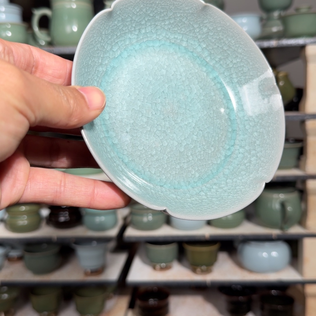 牧***翁陶摆件汝瓷冰花小葵口洗