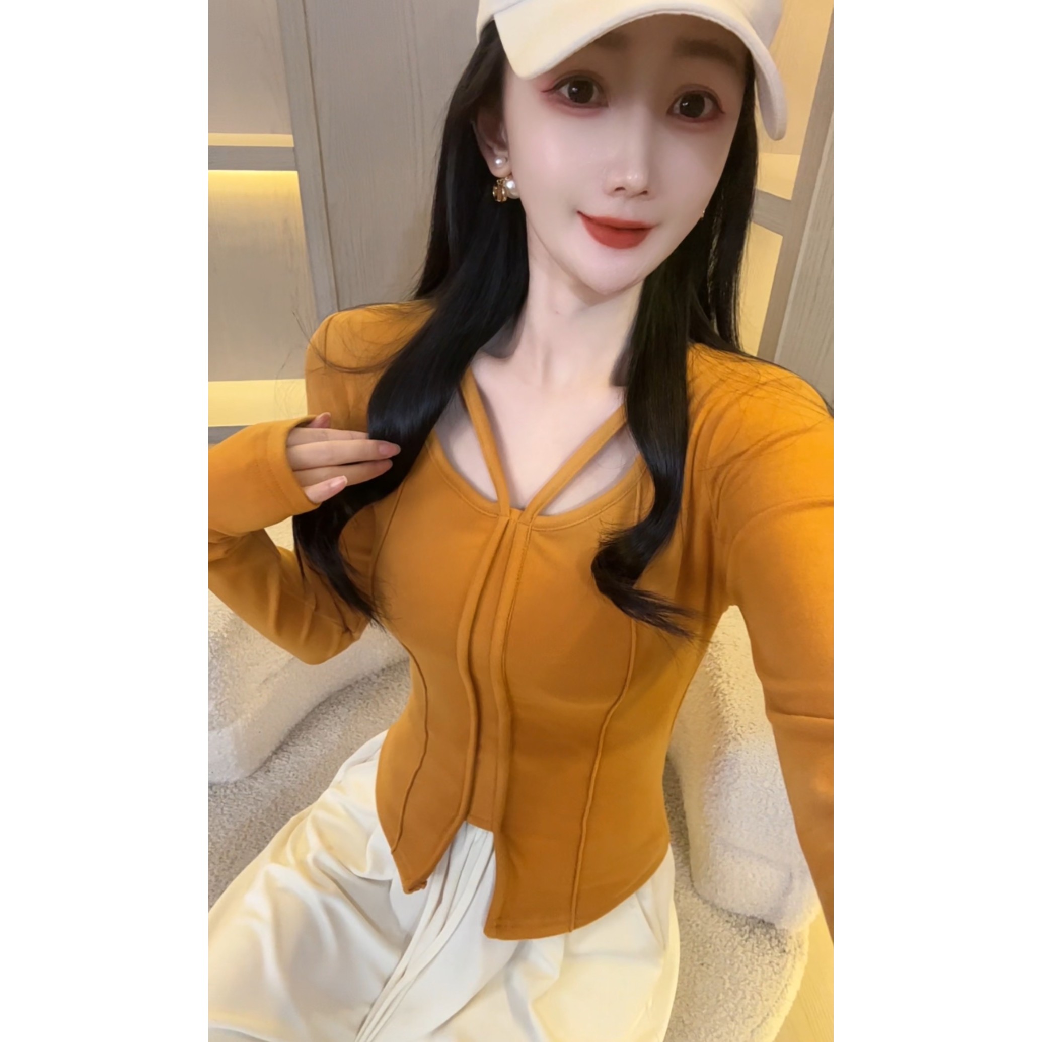 【双面德绒加厚娜哥091】挂脖打底衫女长袖内搭秋冬长袖修身显身材