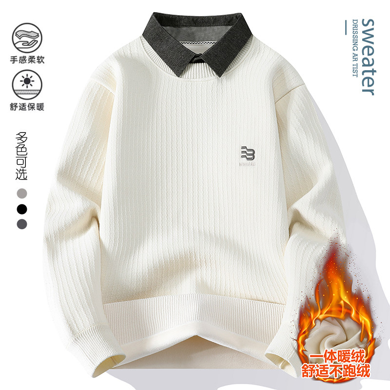 【高品质】2025秋冬季一体绒假两件毛衣男士衬衫领小标针织衫R9870