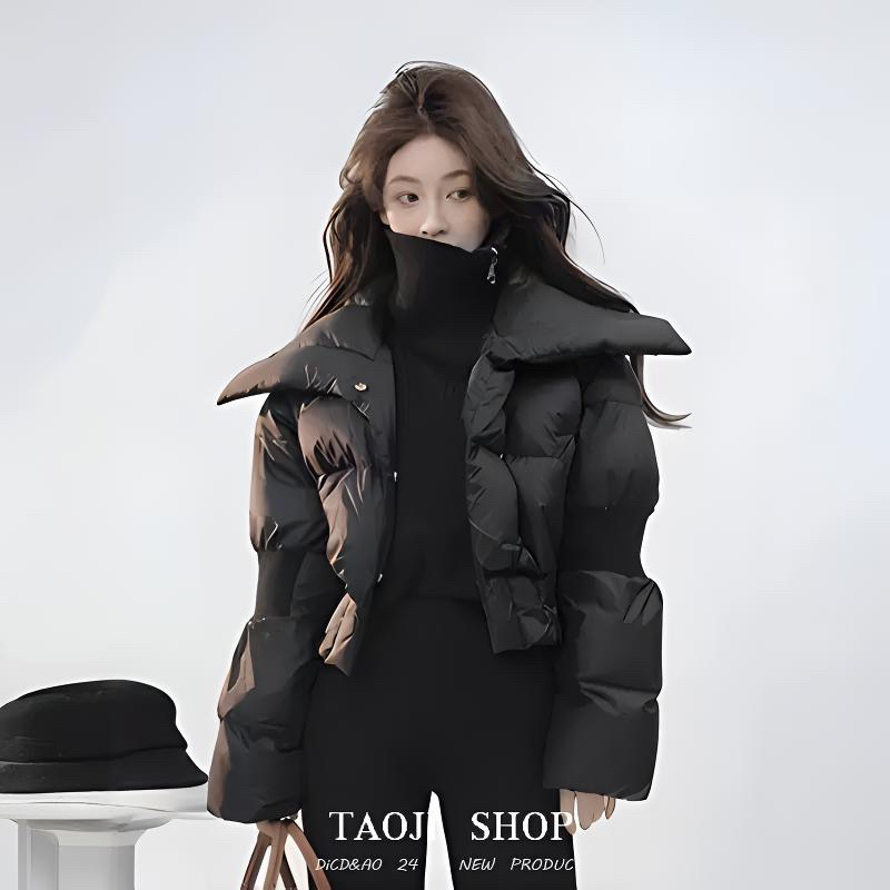 欧货高级感大翻领黑色短款收腰羽绒棉服2025冬季超好看外套