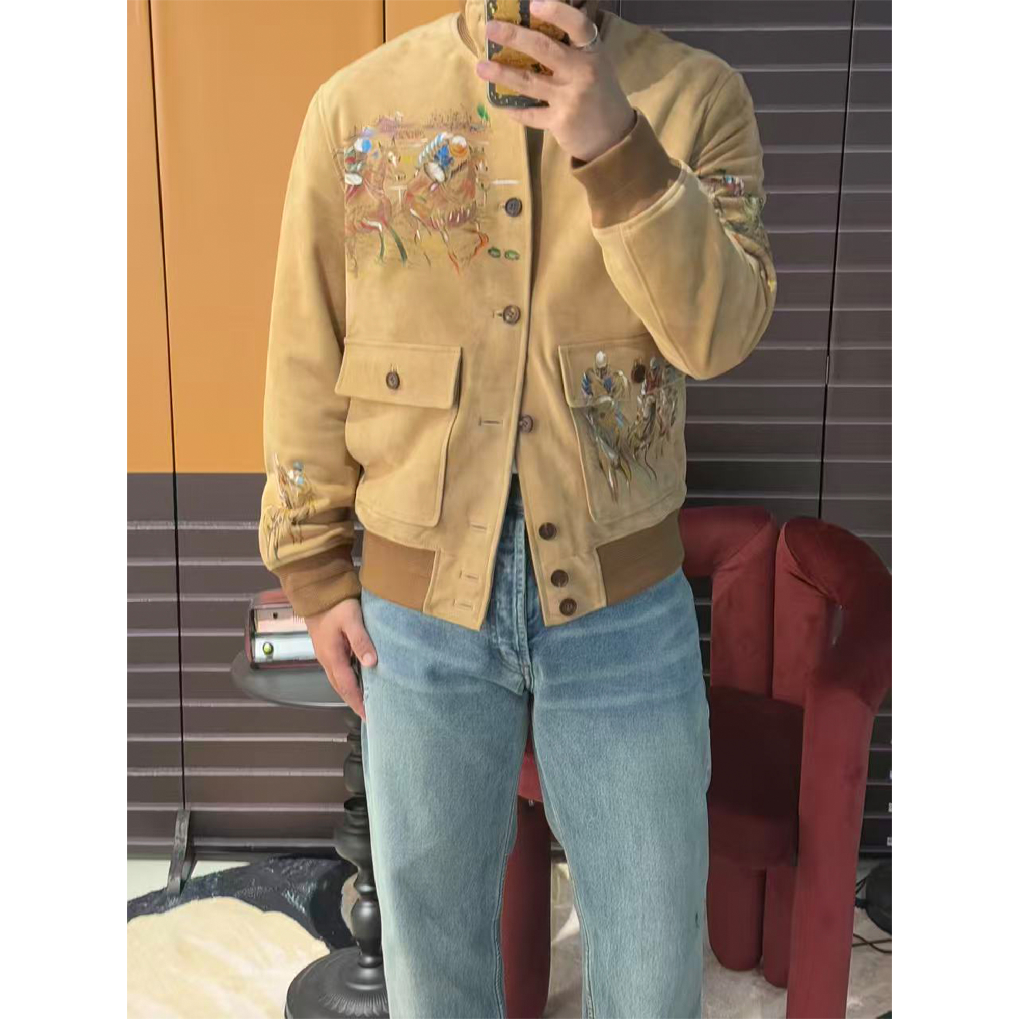 LA CALIFFA42000版“美式老钱风 紫标 手绘赛马”羊皮 A1飞行夹克