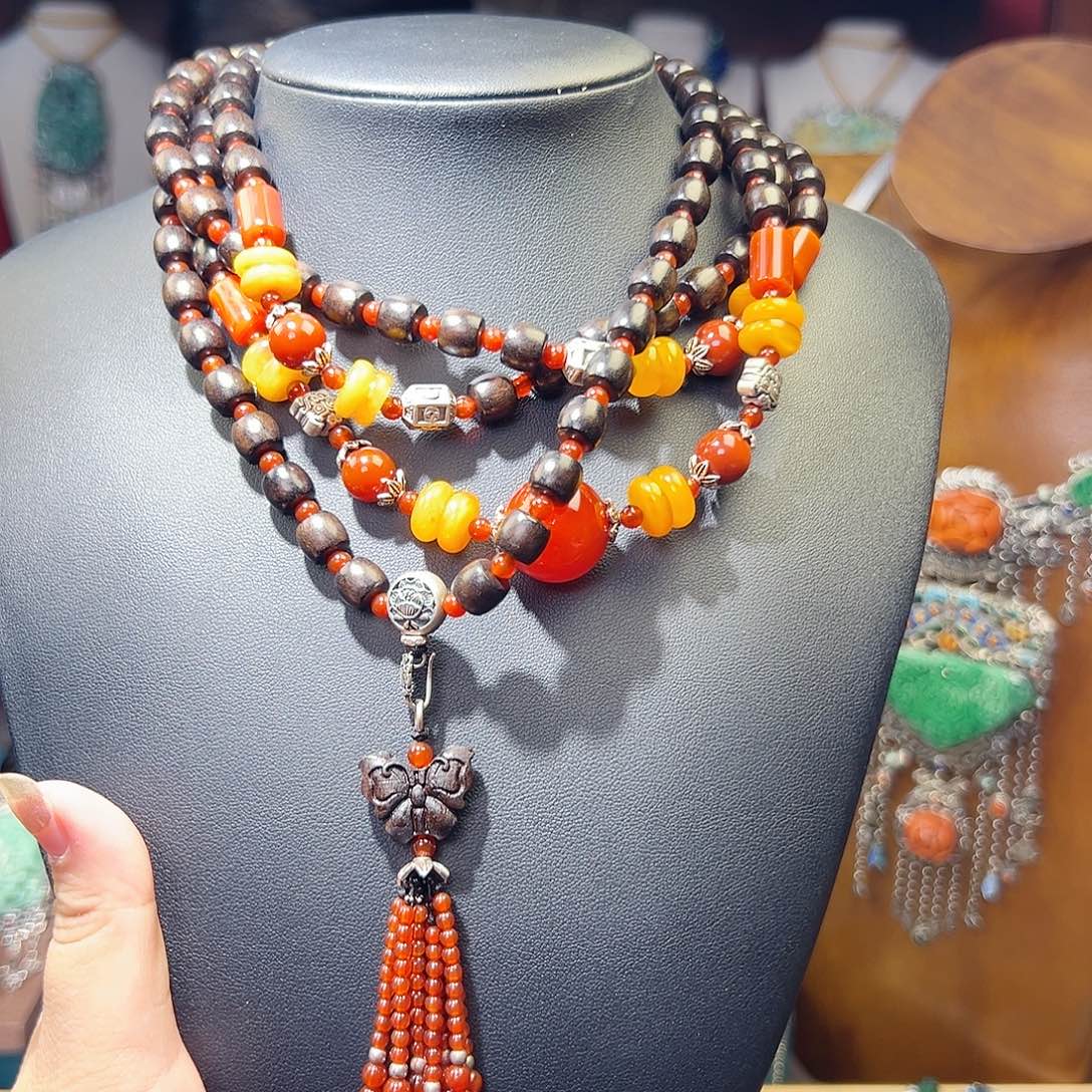 桥***墨925银木质108项链